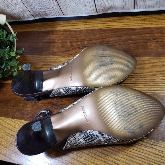 Ellen Tracy Size 9 Brown Snakeskin Print Jaywalk Slingback Open Toe Heels - Picture 3 of 10